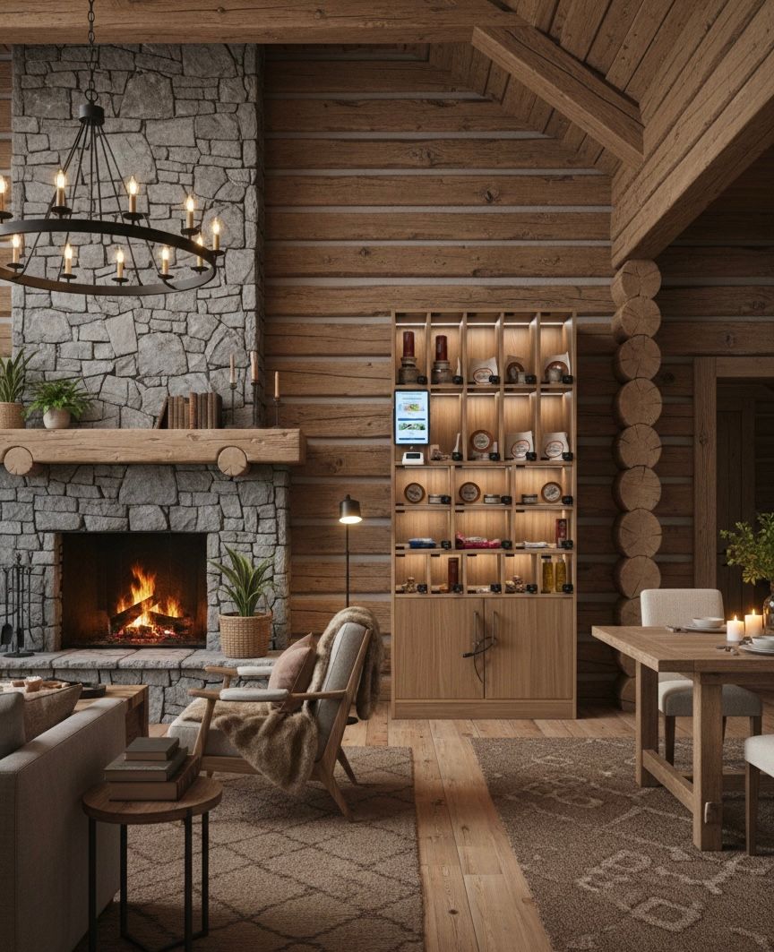 Meuble premium Jalunia installé dans un chalet de montagne avec produits locaux